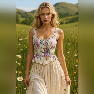 S.S. Exclusive Designs Linen Floral Top Size M Floral Smocked Tank Prairiecore